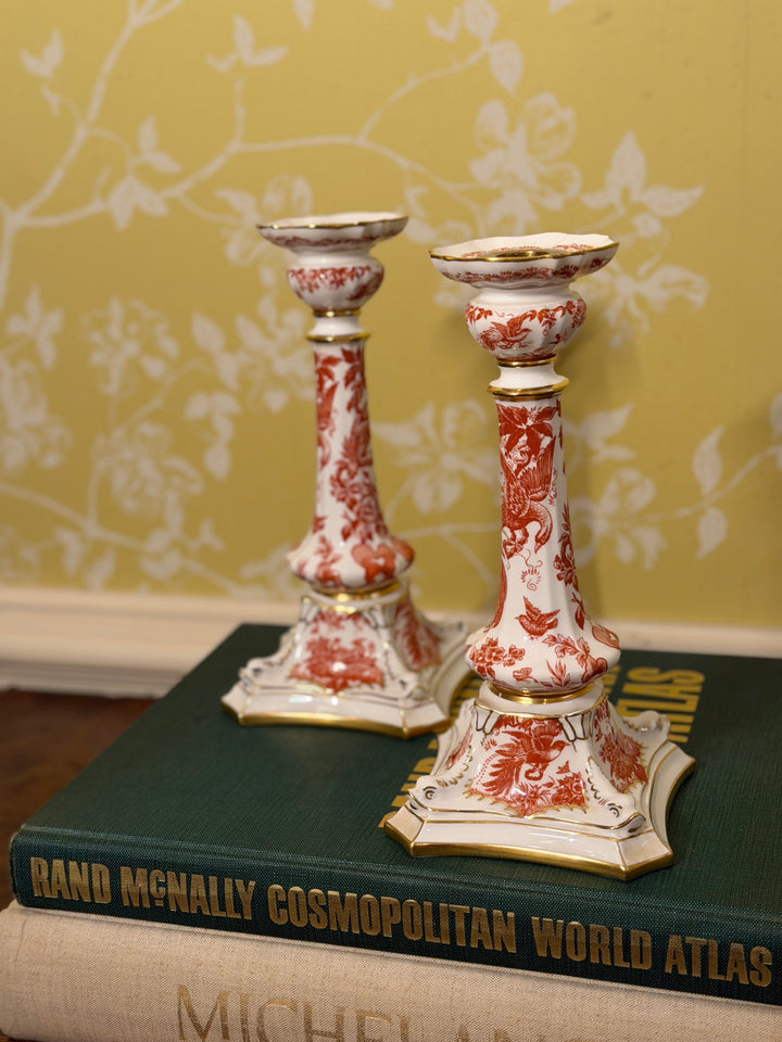 Royal Crown Derby Red Aves Candlesticks