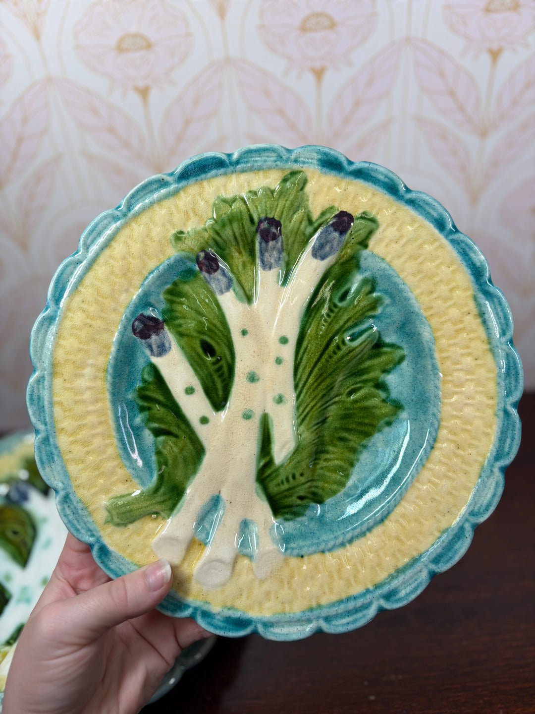 Set of Four Majolica Asparagus Plates with Sauce Well