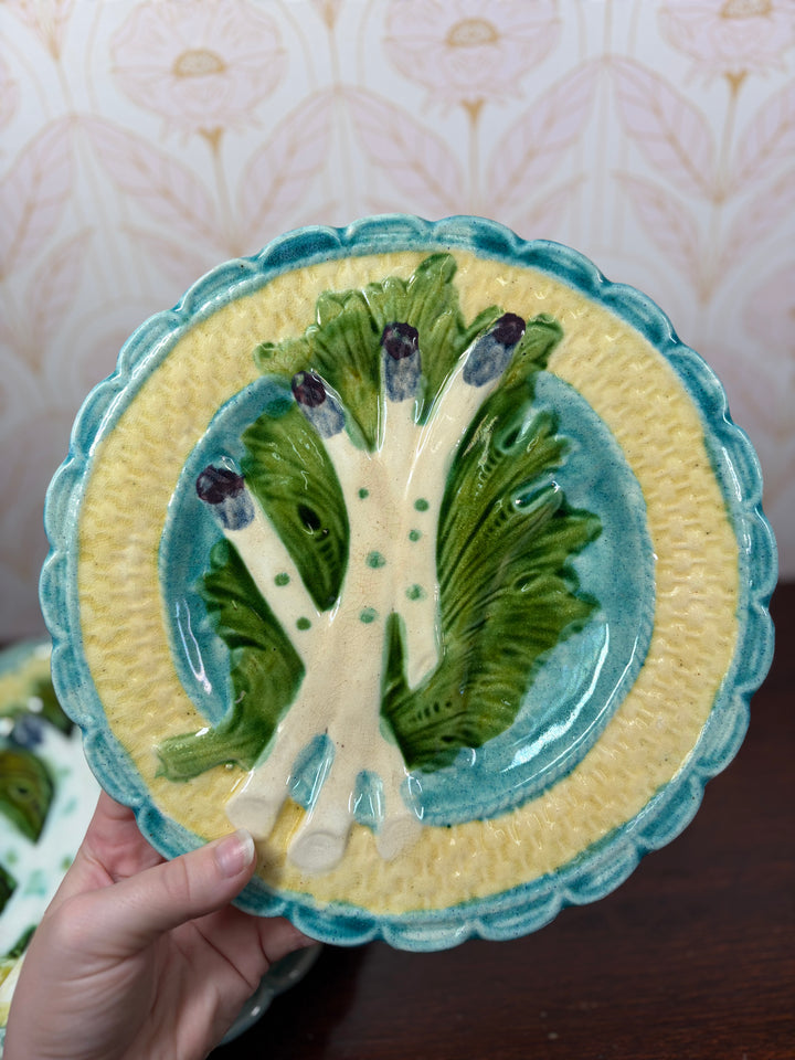 Set of Four Majolica Asparagus Plates with Sauce Well
