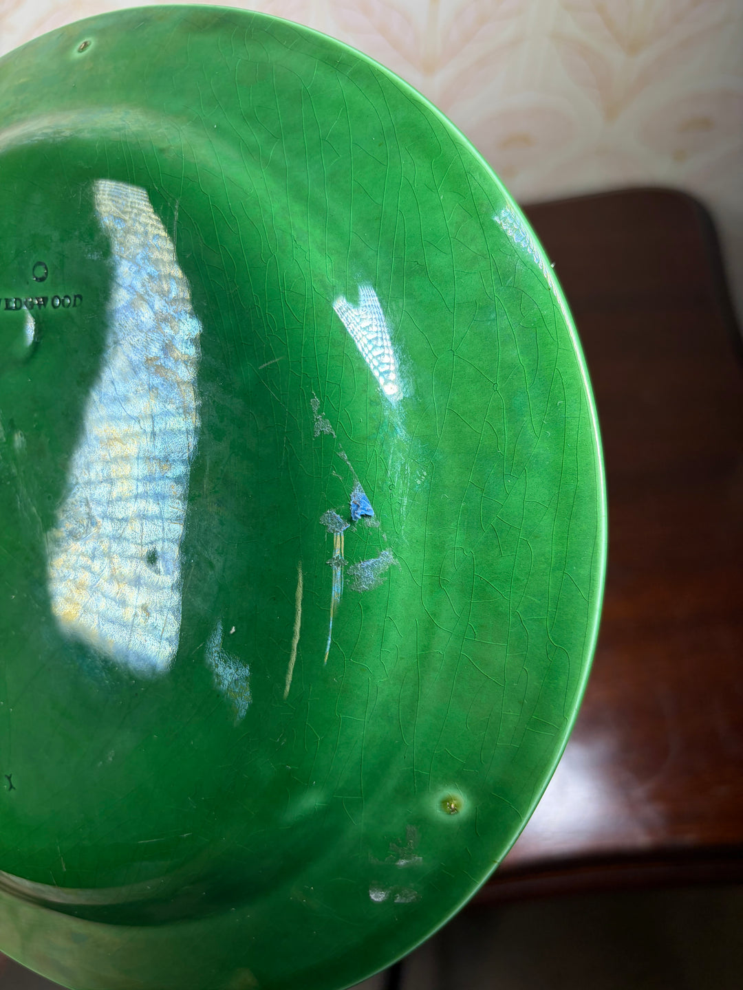 Pair of Green Majolica Leaf Pattern Plates