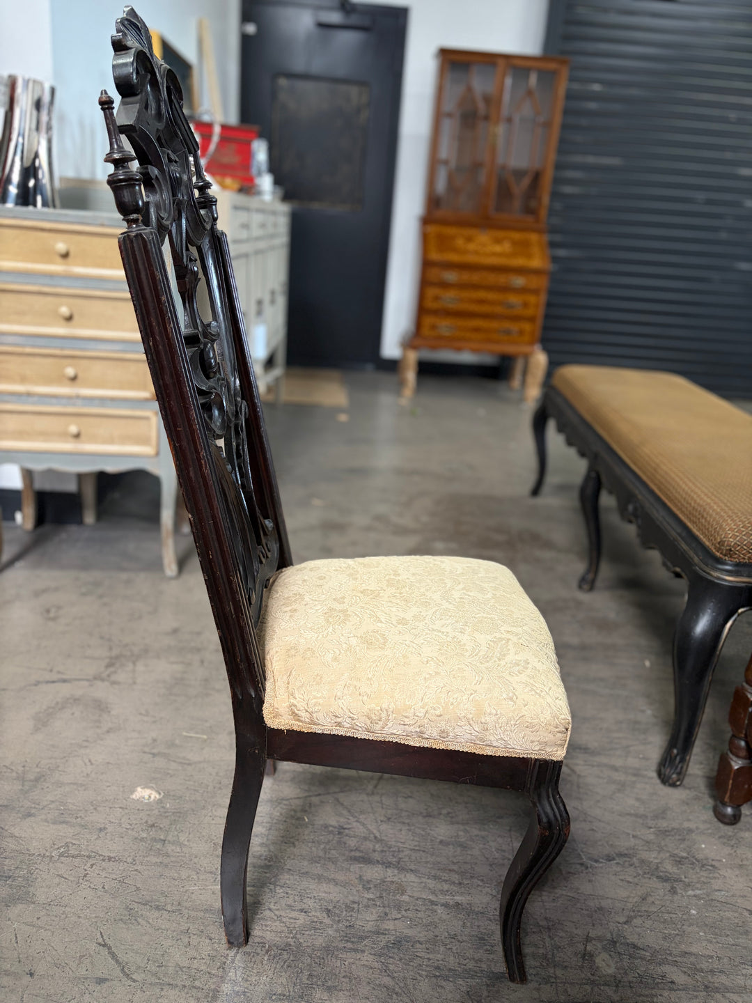 Ebonized Baroque-Style Carved Side Chair with Cream Damask Seat