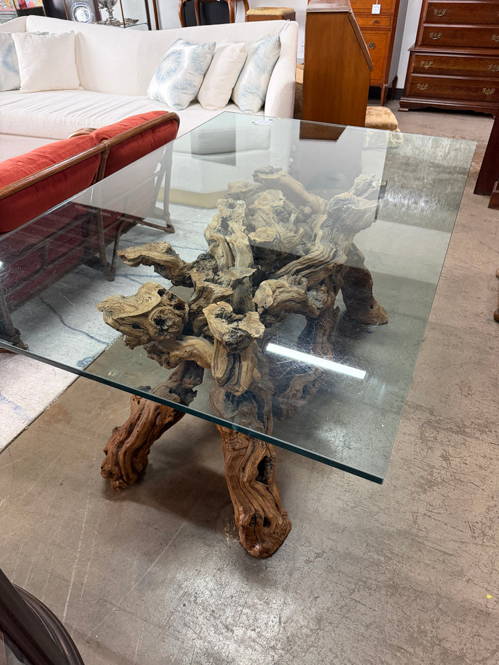 Vintage Glass-Topped Driftwood Coffee Table