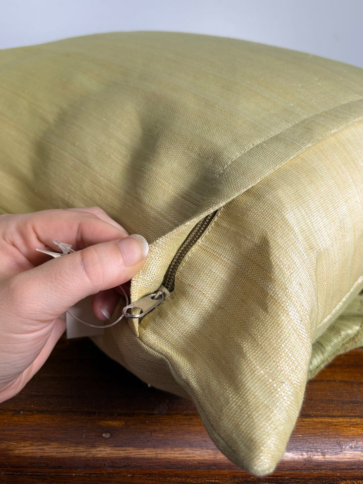 Green Silk Decorative Pillow with Pleated Rosettes and Shell Embellishments