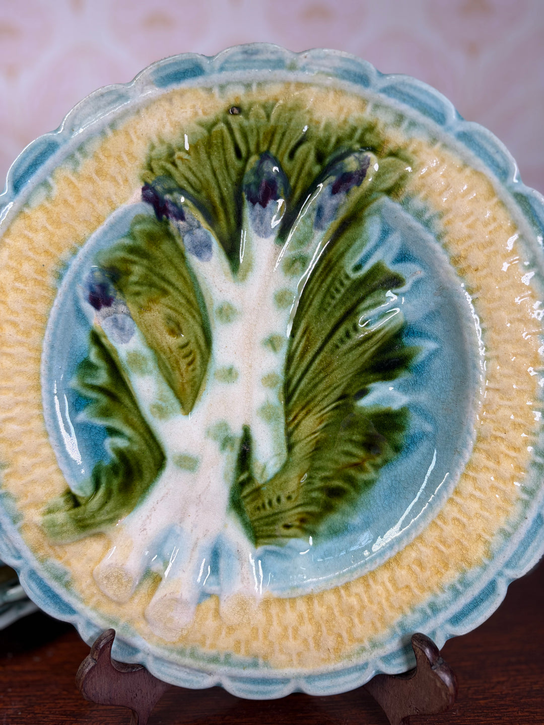 Set of Four Majolica Asparagus Plates with Sauce Well