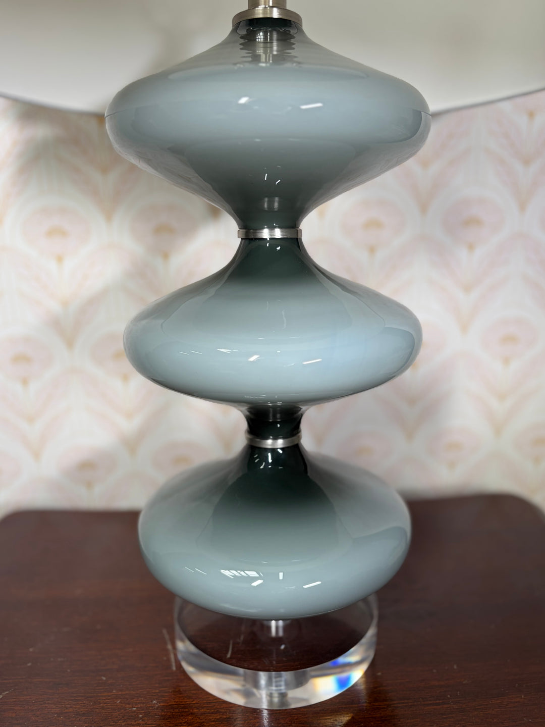 Three-Tier Gray Ceramic Table Lamp with White Drum Shade
