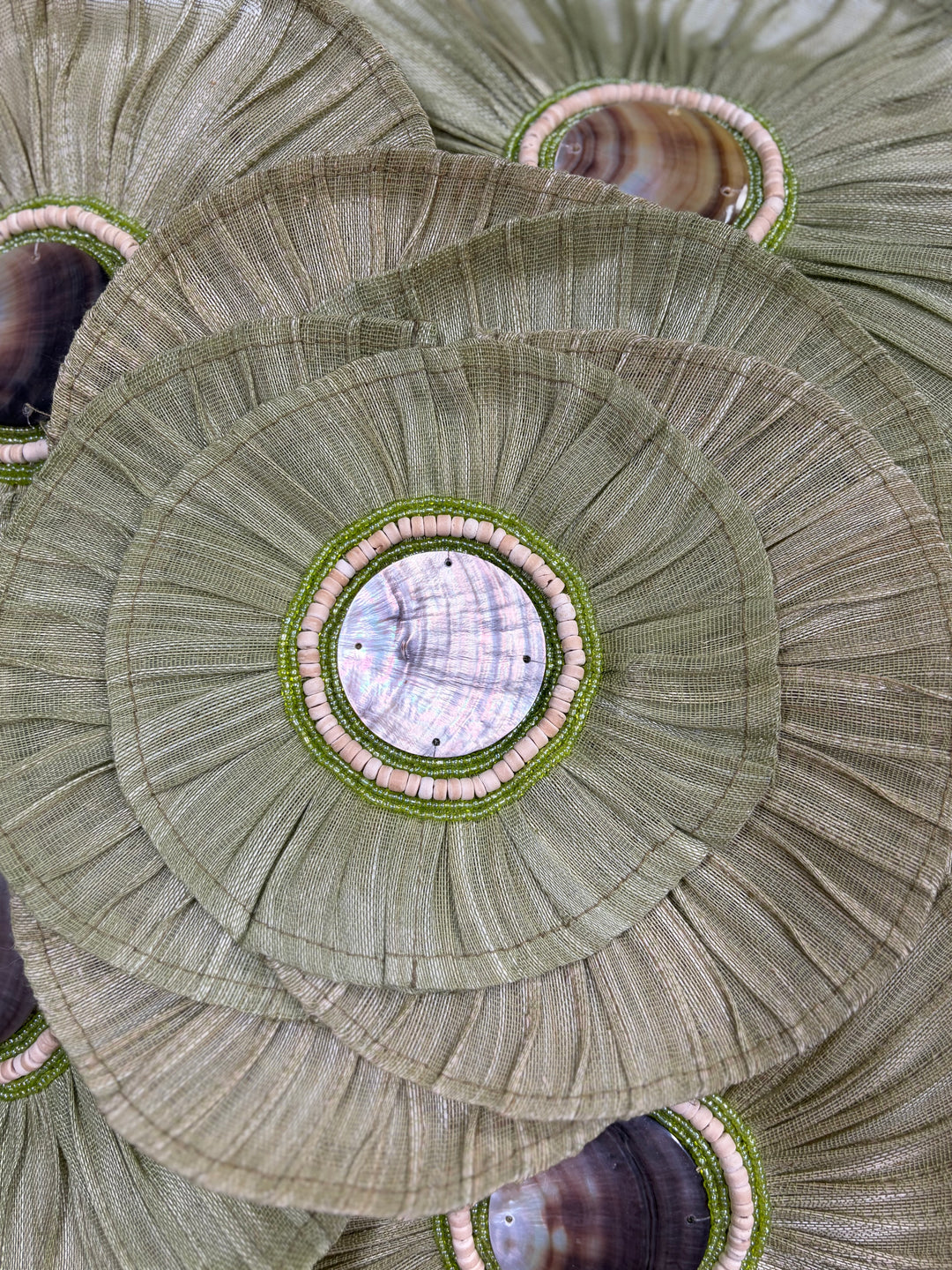 Green Silk Decorative Pillow with Pleated Rosettes and Shell Embellishments
