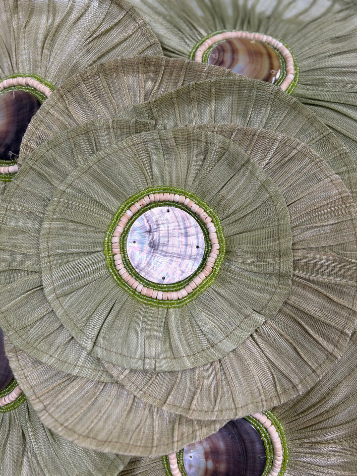 Green Silk Decorative Pillow with Pleated Rosettes and Shell Embellishments