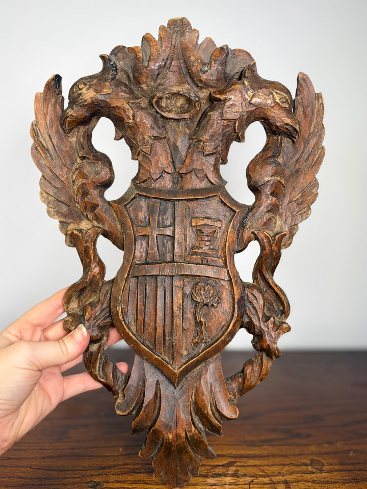 Pair of Carved Wood Heraldic Eagle & Shield Wall Plaques
