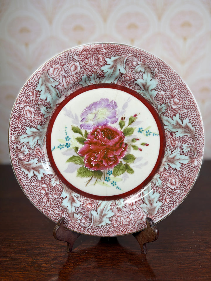 Floral Transferware Decorative Wall Plate with Hand-Painted Rose Center