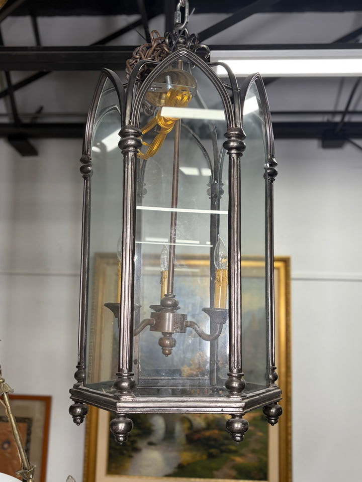 Large Gothic-Style Dark Metal and Glass Pendant Lantern Chandelier