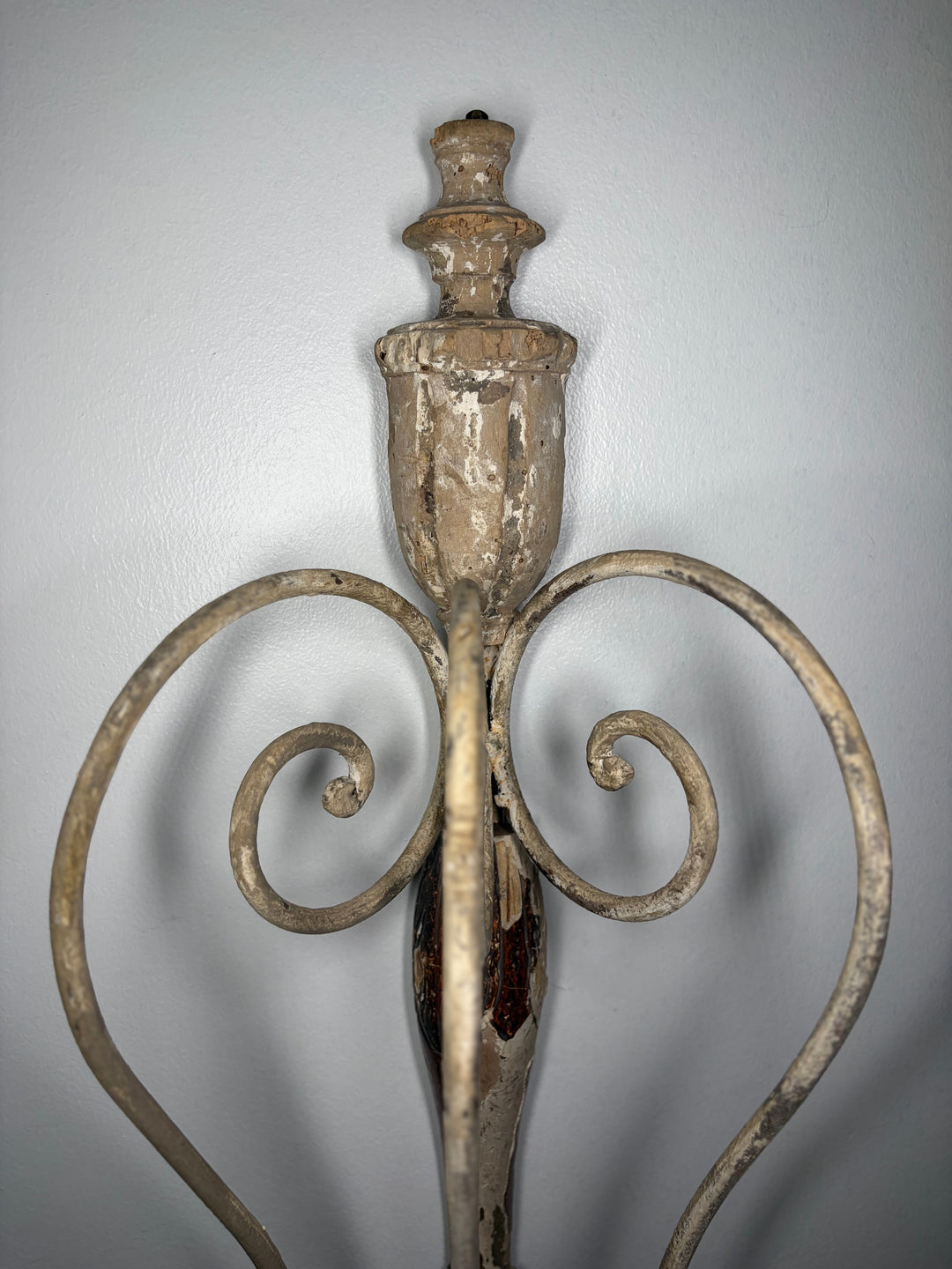 Pair of Painted Iron & Wood Three-Arm Wall Candle Sconces