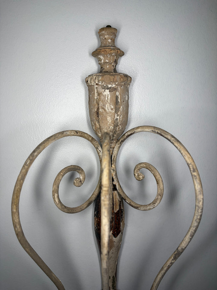 Pair of Painted Iron & Wood Three-Arm Wall Candle Sconces