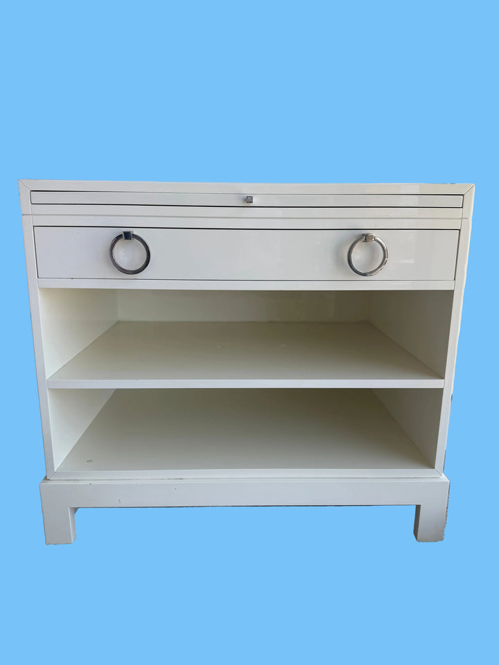 White Lacquered Nightstand with Ring Pulls and Open Shelves