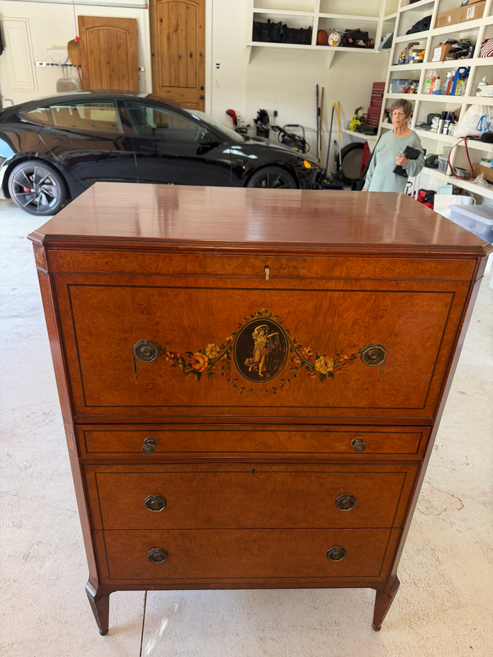 19th Century Hand-Painted Satin Wood Secretary Desk and Dresser