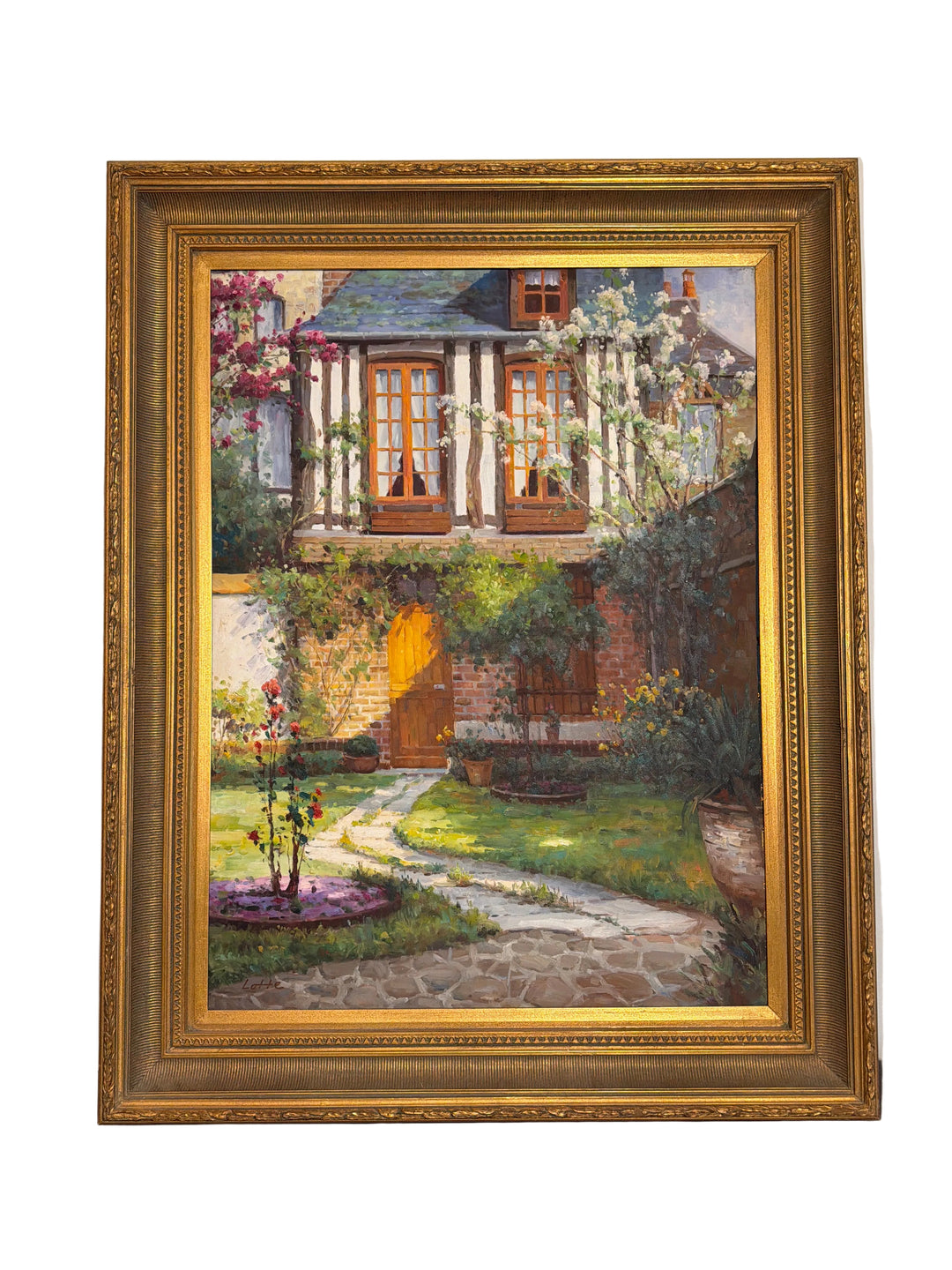 Framed Cottage Original Oil Painting - Signed "Lotte" (39.5 in x 49.5 in)