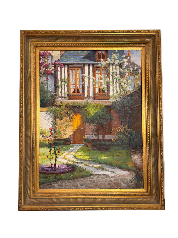Framed Cottage Original Oil Painting - Signed "Lotte" (39.5 in x 49.5 in)
