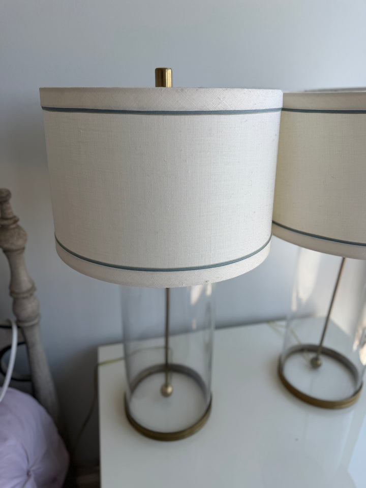Pair of Glass Cylinder & Brass Table Lamps with Drum Shades
