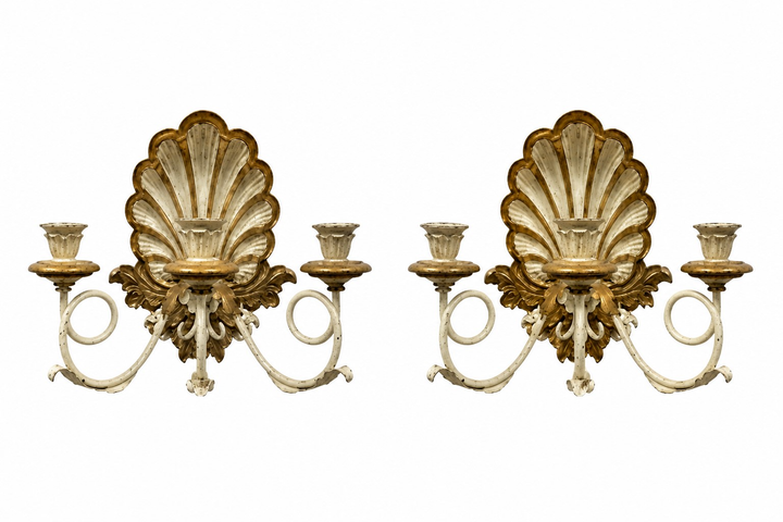 Antiqued Painted & Gilded Gold 3-Candle Wall Sconces