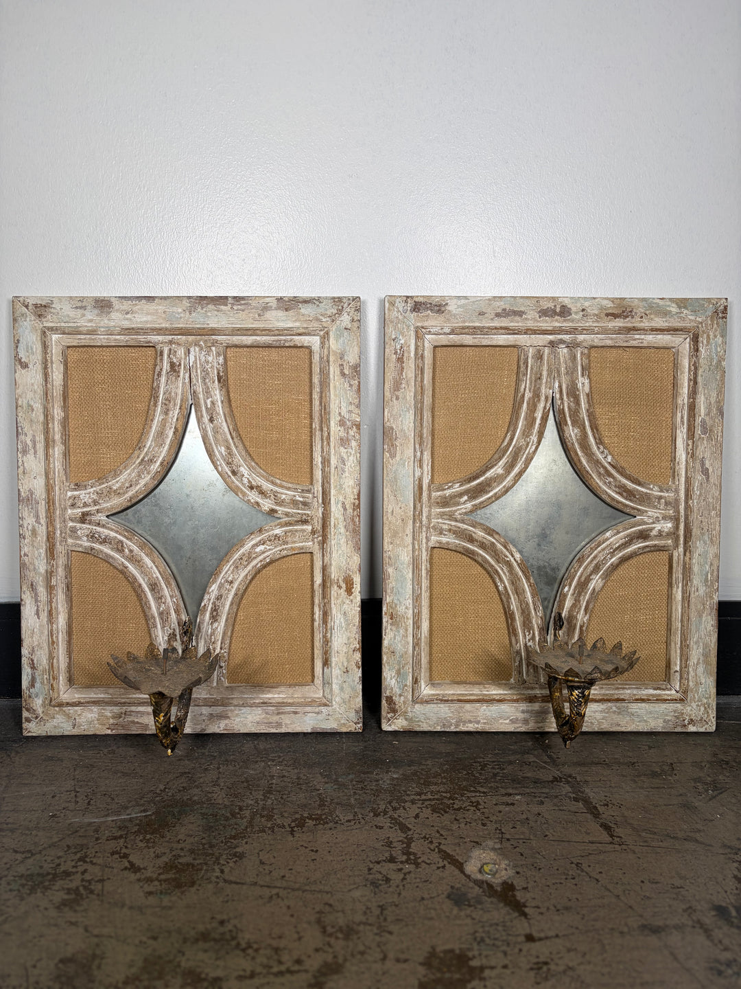 Pair of Distressed Wood Wall Candle Sconces with Burlap Panels