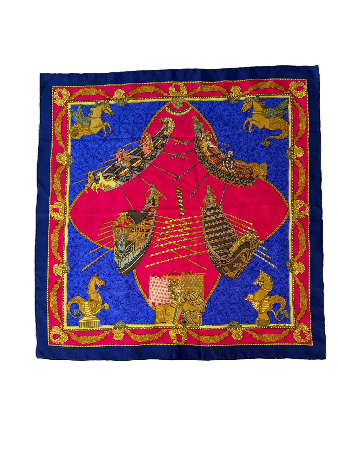 Vintage Hermès “Les Bissone de Venise” Blue Silk Scarf