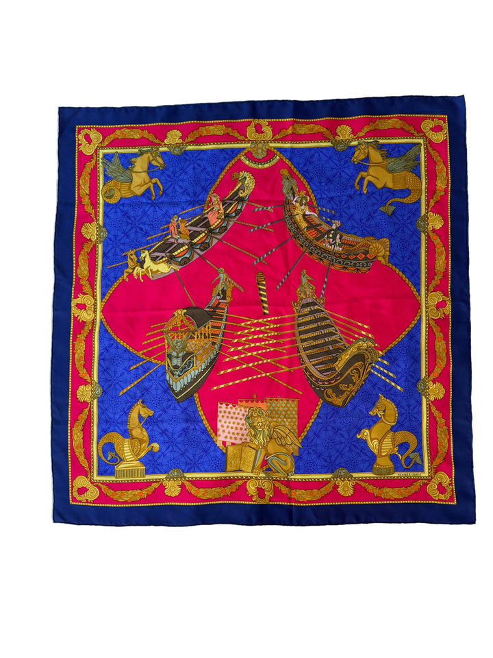 Vintage Hermès “Les Bissone de Venise” Blue Silk Scarf