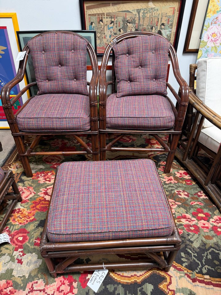 Set of 2 Vintage Bamboo and Rattan Chairs with Ottoman