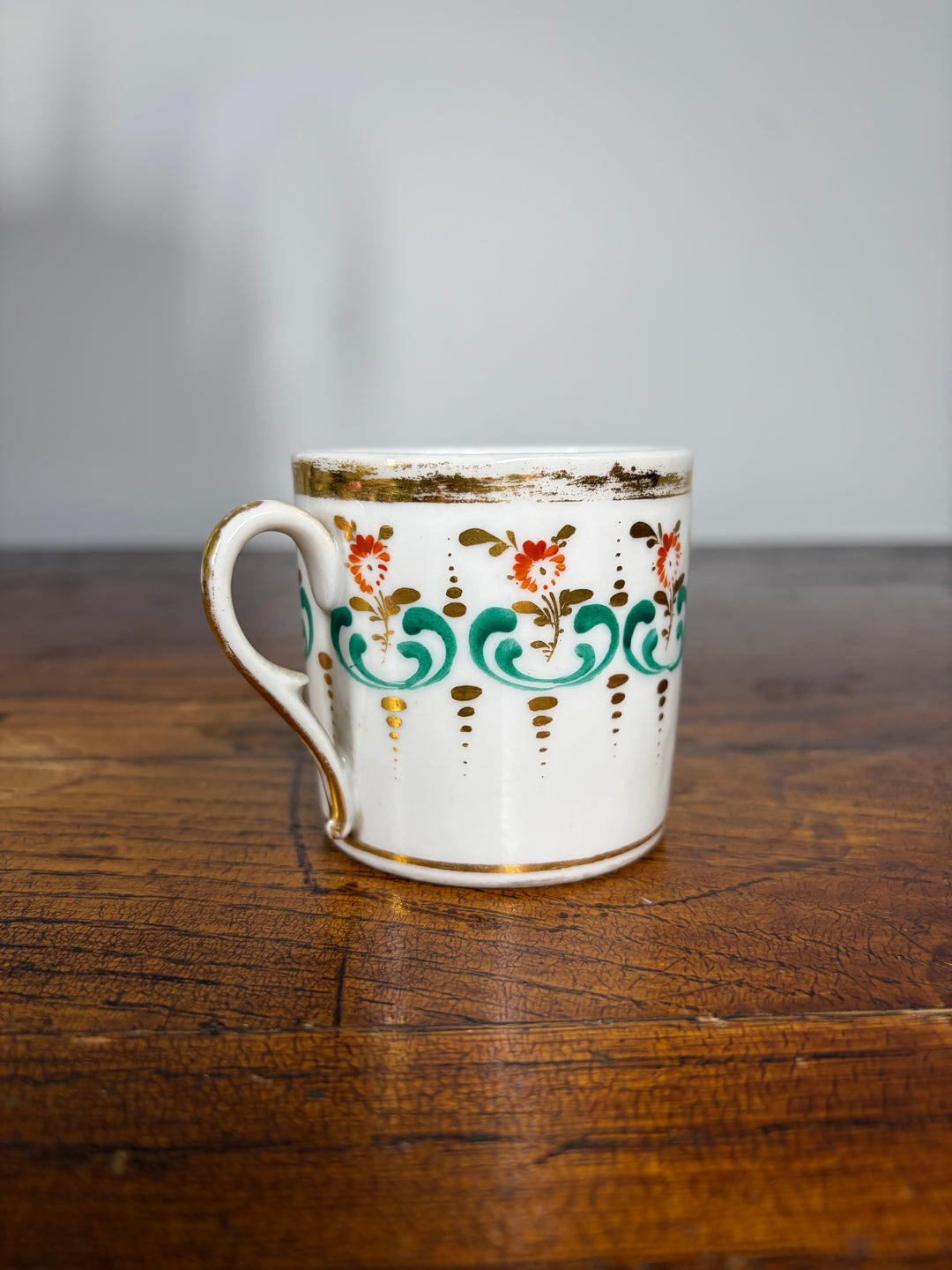 Antique Porcelain Tea/Coffee Service Set with Green Scrollwork & Gilt Decoration