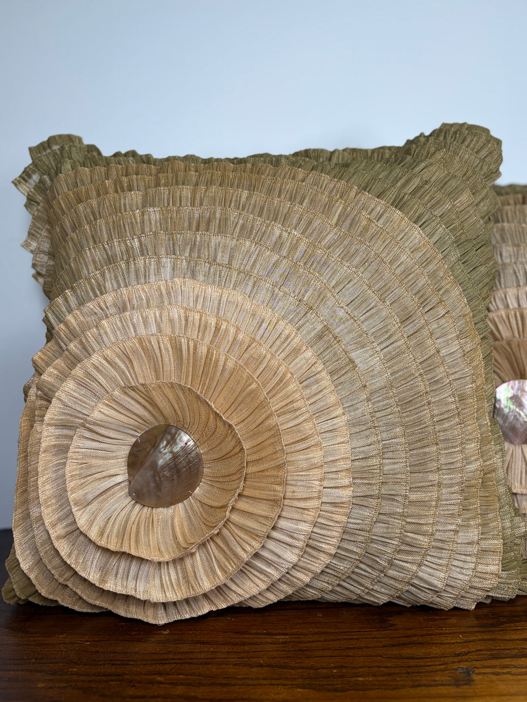 Pair of Decorative Throw Pillow with Pleated Fabric Rosettes