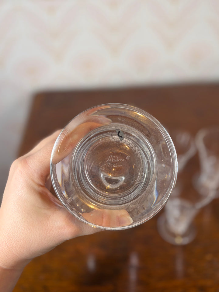 Lalique "Bourgueil" pattern crystal decanter and stopper and 4 Shot Glasses