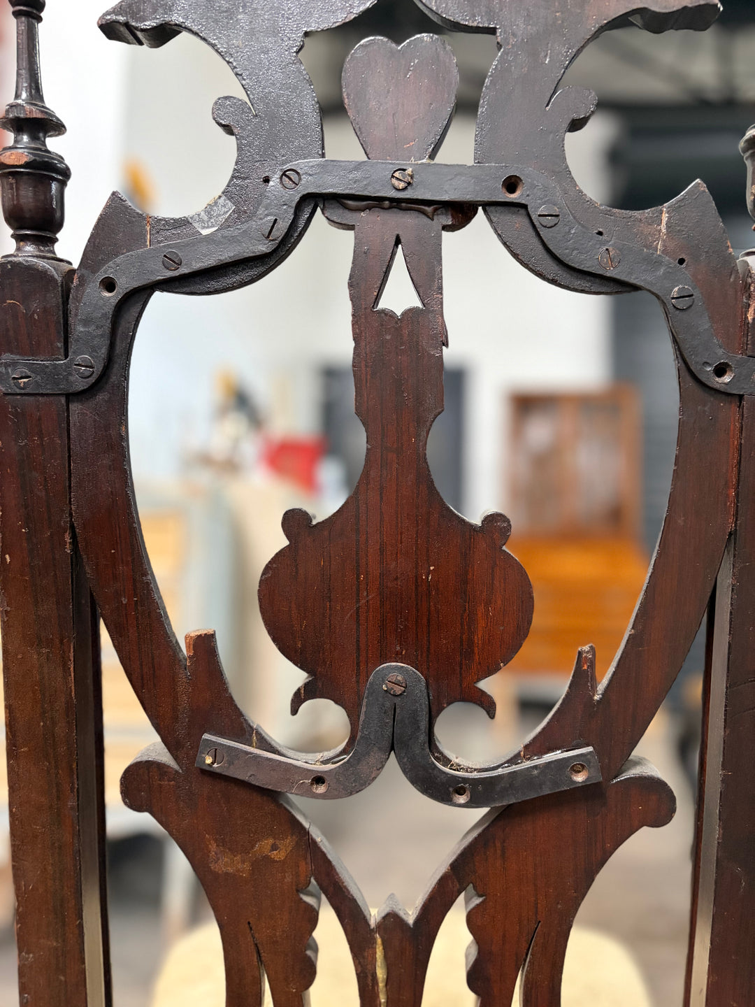 Ebonized Baroque-Style Carved Side Chair with Cream Damask Seat