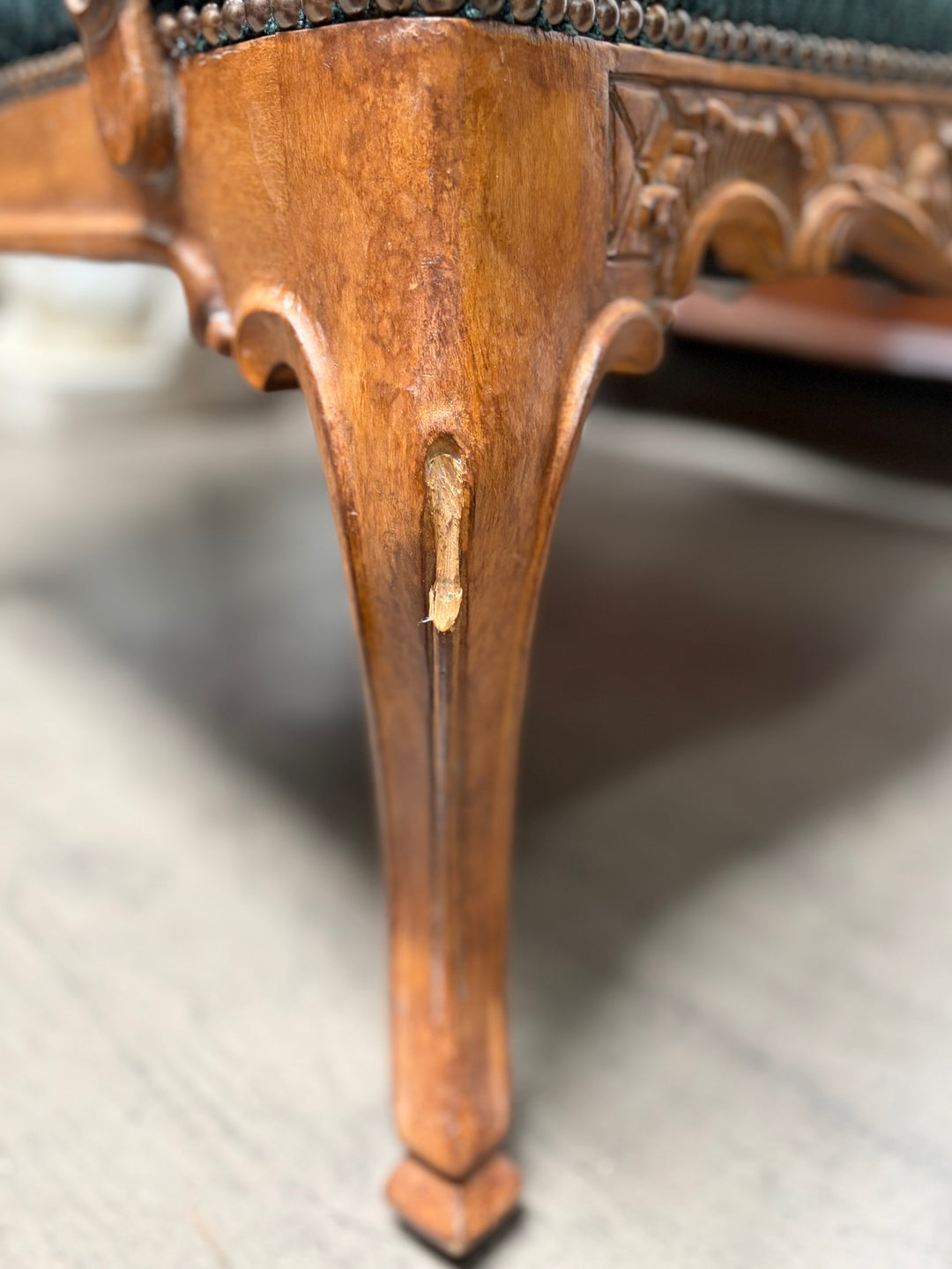 Pair of French Provincial Carved Walnut Armchairs with Teal Velvet Upholstery