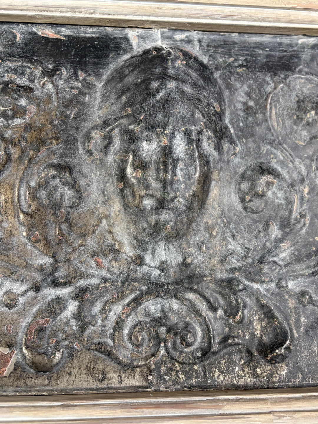 Set of Three Framed Embossed Metal Panels with Classical Face Motif