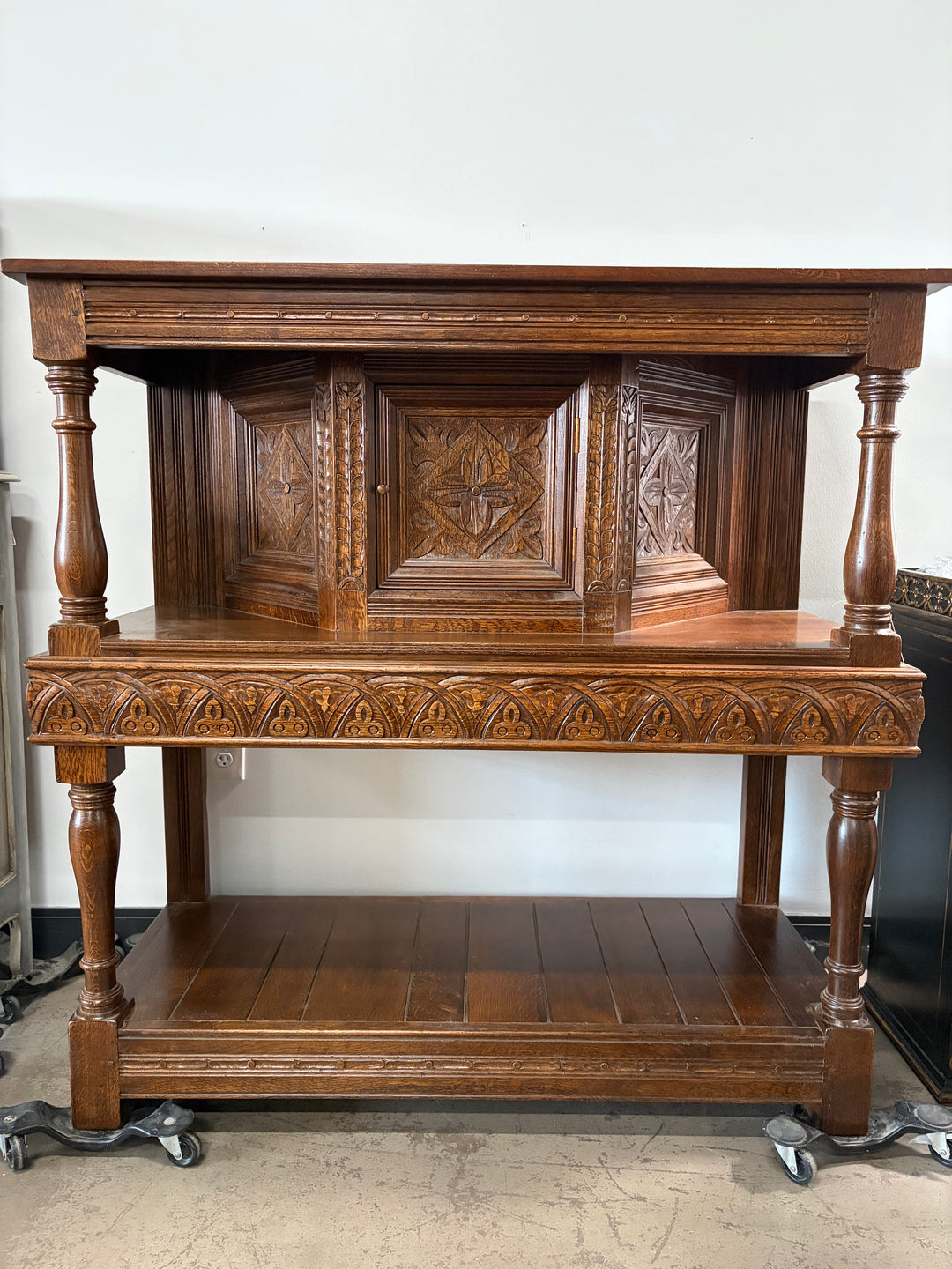 Taylor & Co England Carved Oak Gothic-Style Sideboard/Buffet