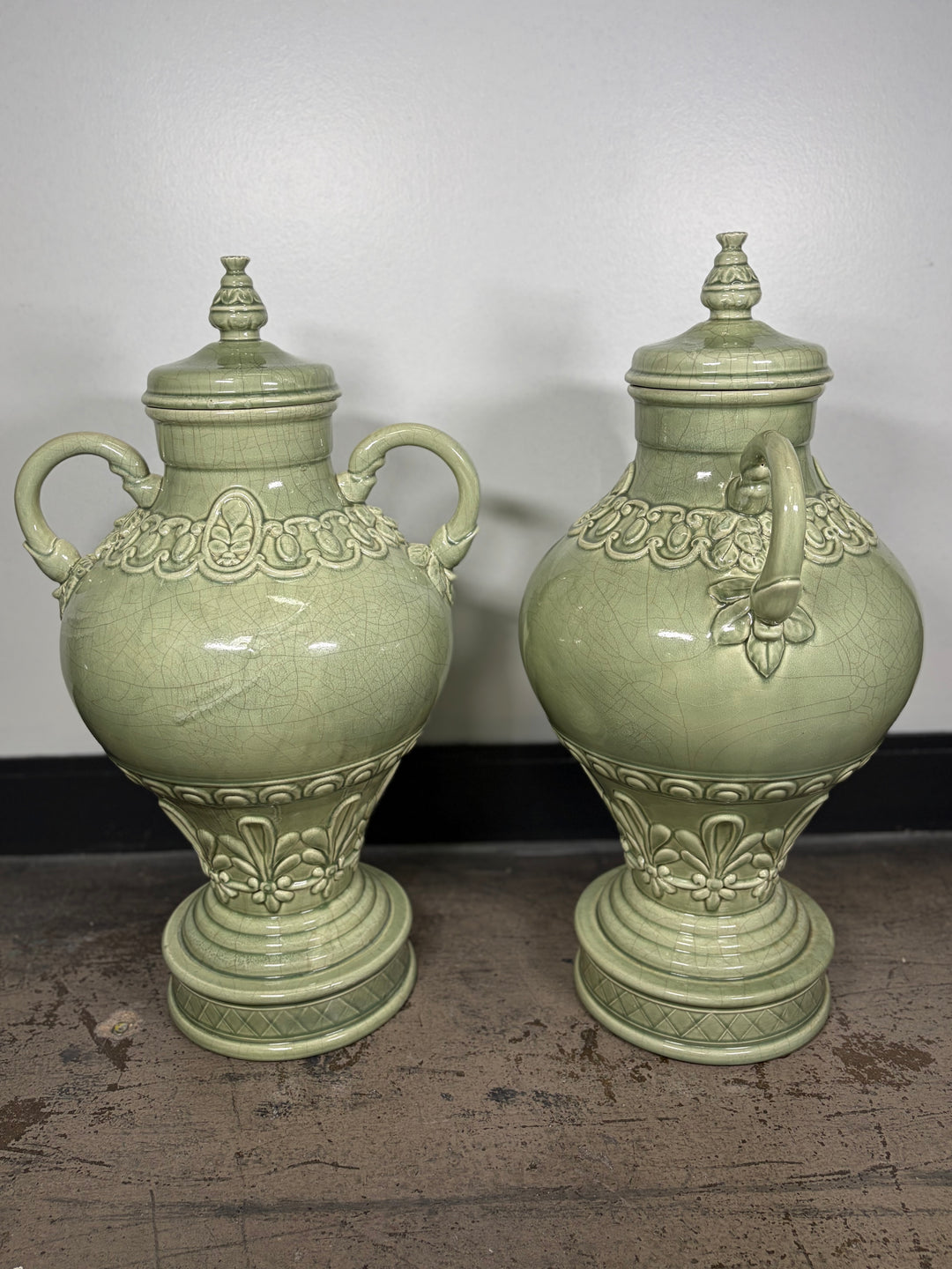 Pair of Celadon Green Ceramic Lidded Urns with Handles