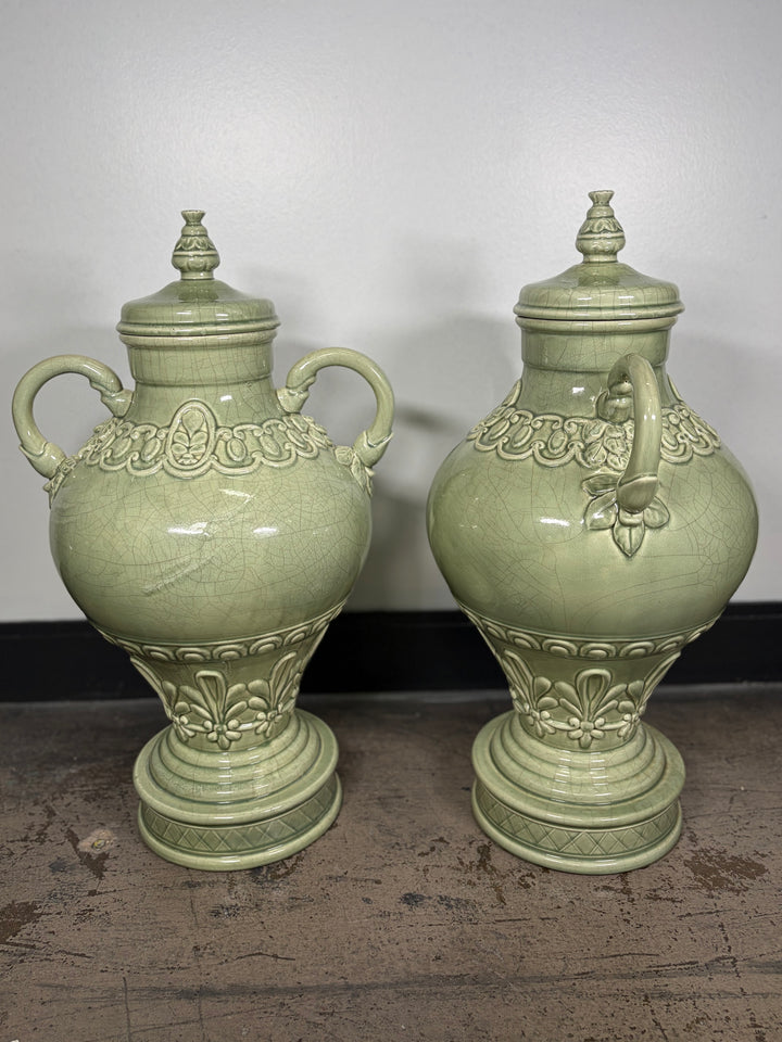 Pair of Celadon Green Ceramic Lidded Urns with Handles