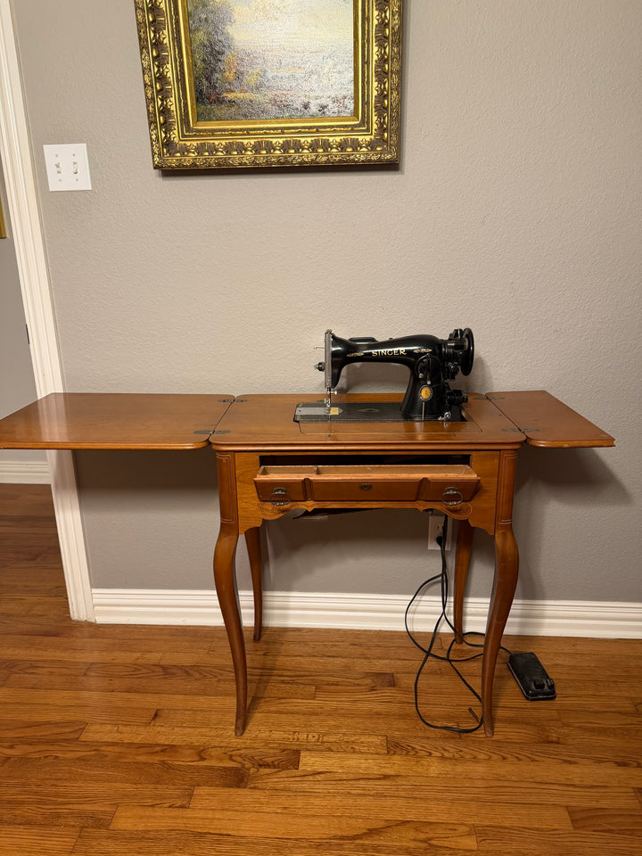 Antique, Functional Electric Sewing Machine Model 15-91 Wooden Desk with Needlepoint Bench