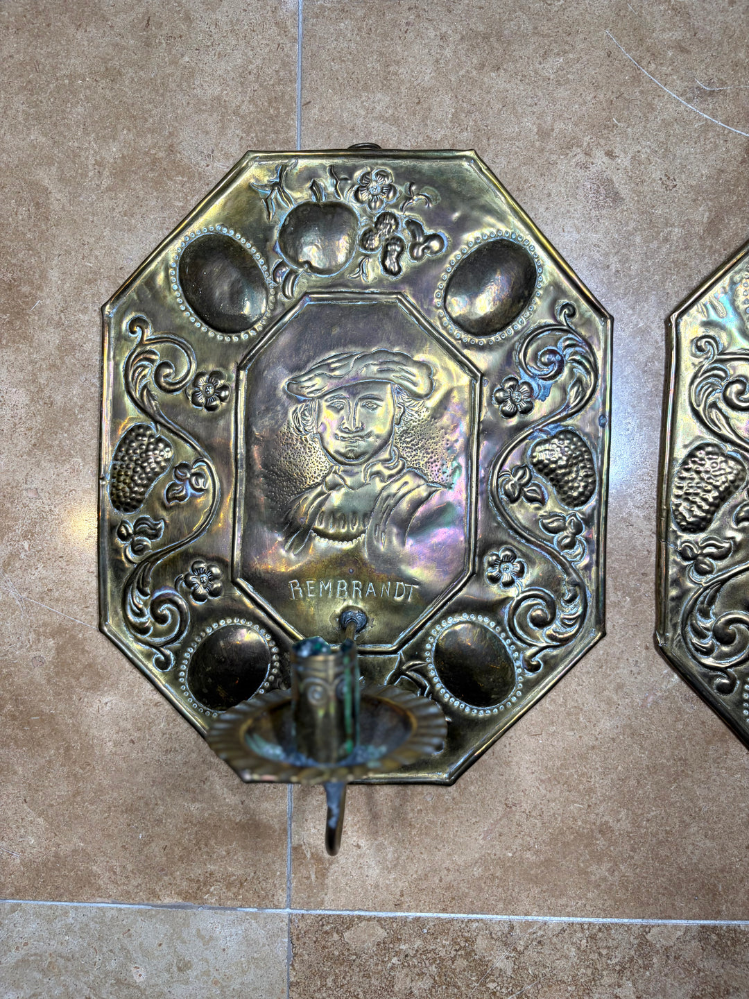 2 Brass Wall Sconces engraved "Rembrandt"
