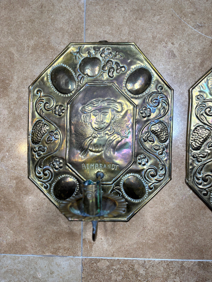 2 Brass Wall Sconces engraved "Rembrandt"