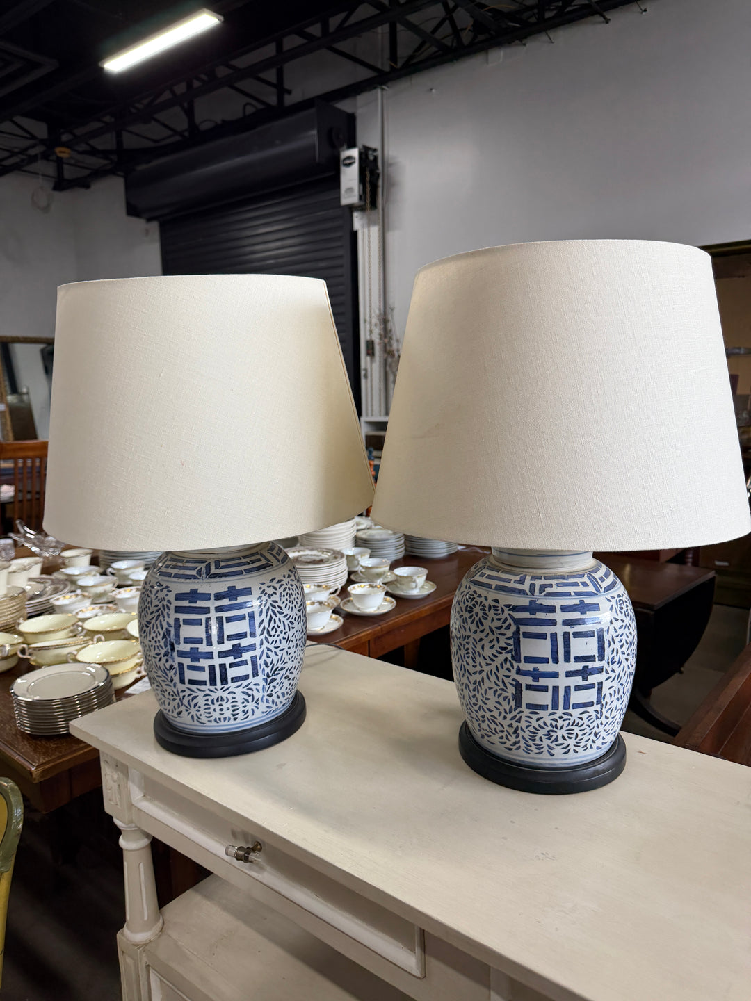 Set of 2 Blue and White Double Happiness Lamps
