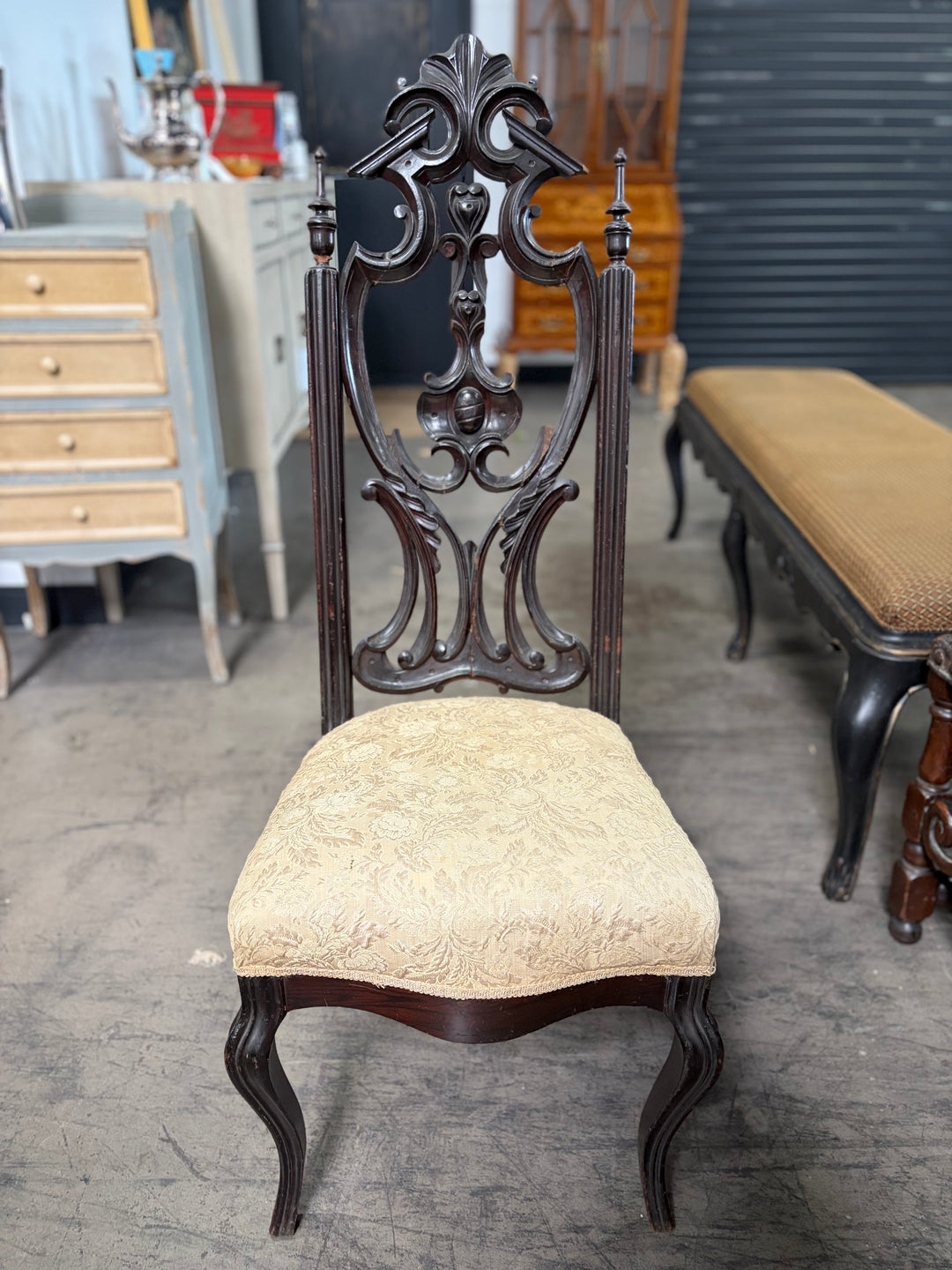 Ebonized Baroque-Style Carved Side Chair with Cream Damask Seat