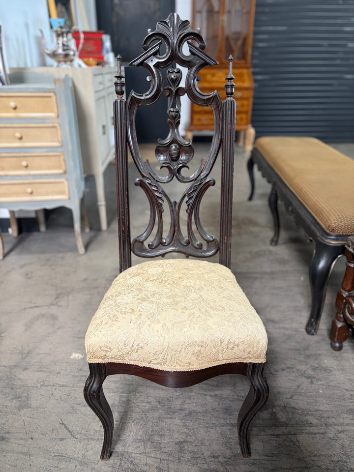 Ebonized Baroque-Style Carved Side Chair with Cream Damask Seat