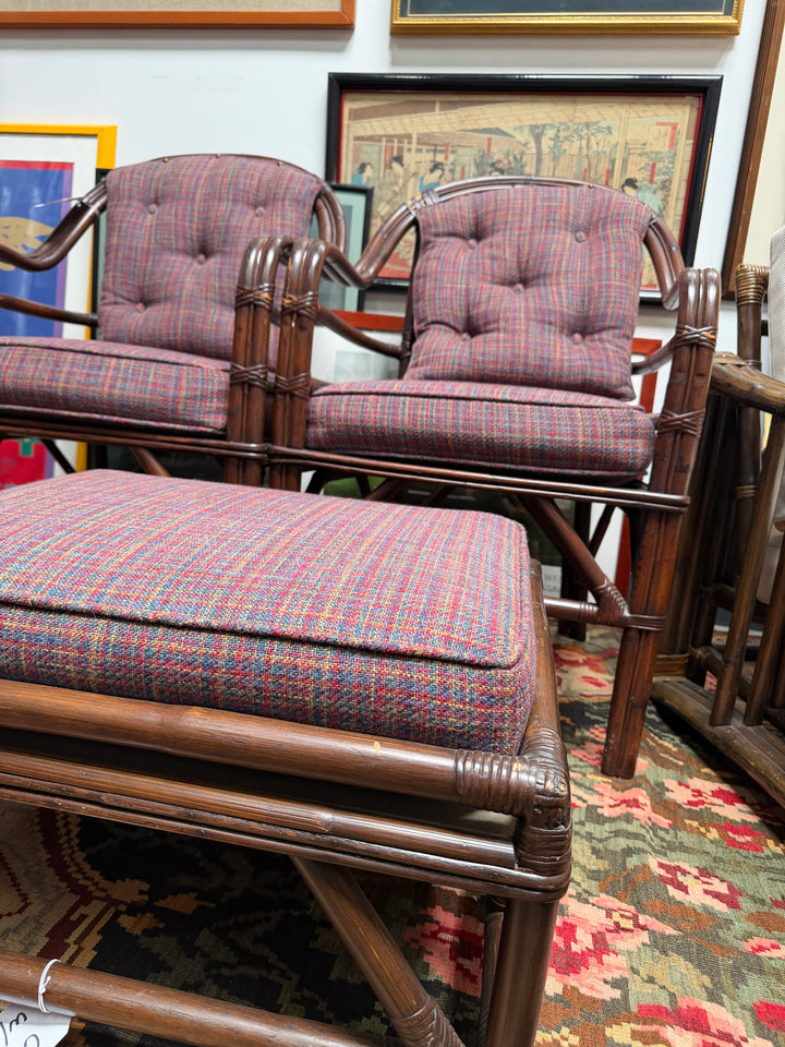 Set of 2 Vintage Bamboo and Rattan Chairs with Ottoman
