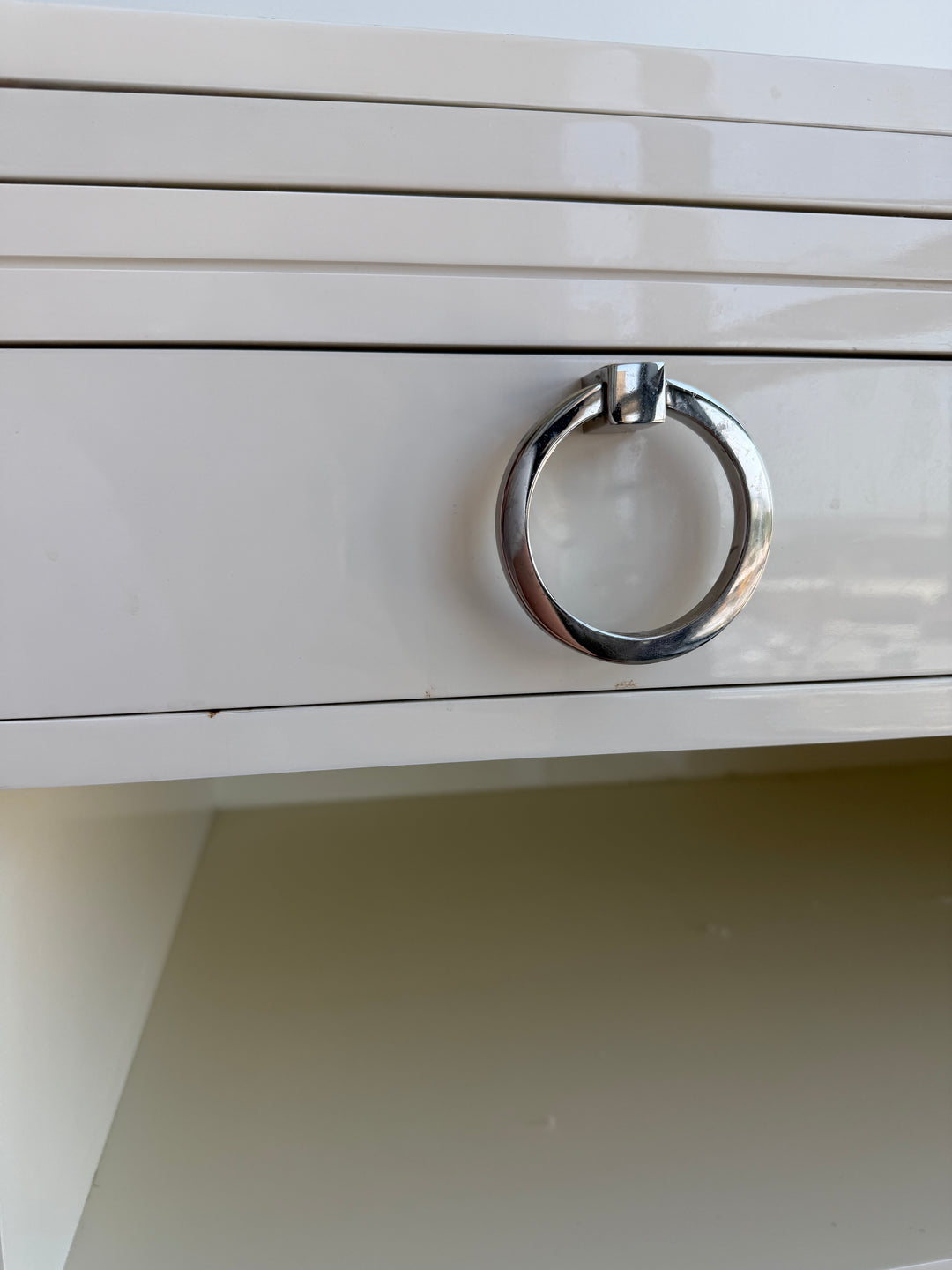 White Lacquered Nightstand with Ring Pulls and Open Shelves