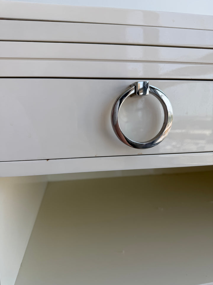 White Lacquered Nightstand with Ring Pulls and Open Shelves