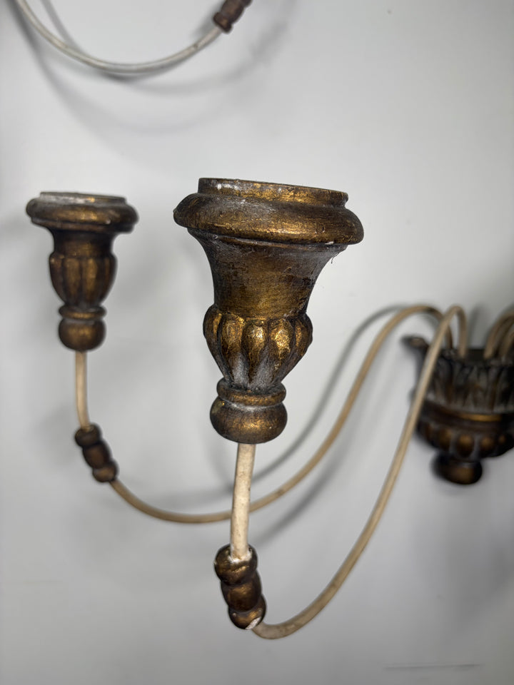 Pair of 5-Arm Wall Sconces – White Wash Distressed Finish