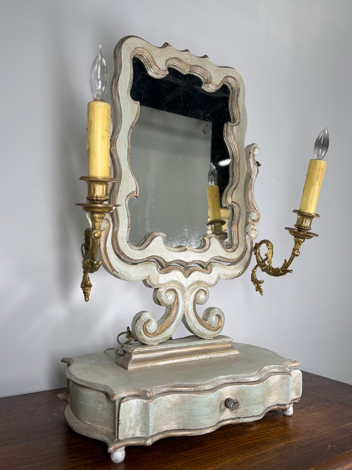 Baroque-Style Vanity Mirror with Candelabra Arms and Jewelry Box Base