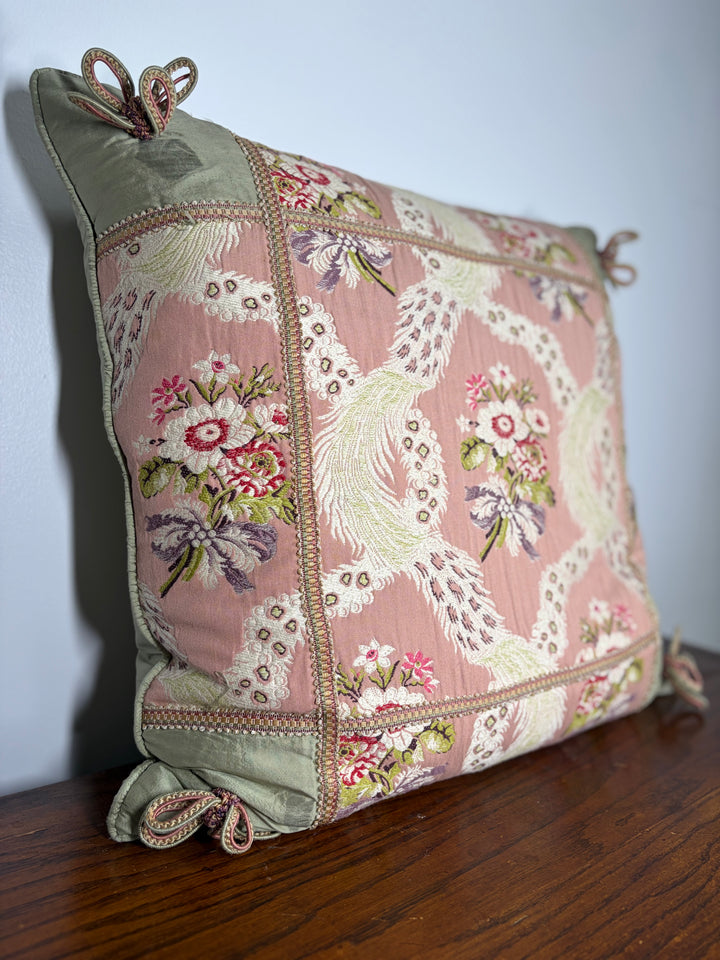 Pink & Green Floral Brocade Decorative Pillow with Corner Bows