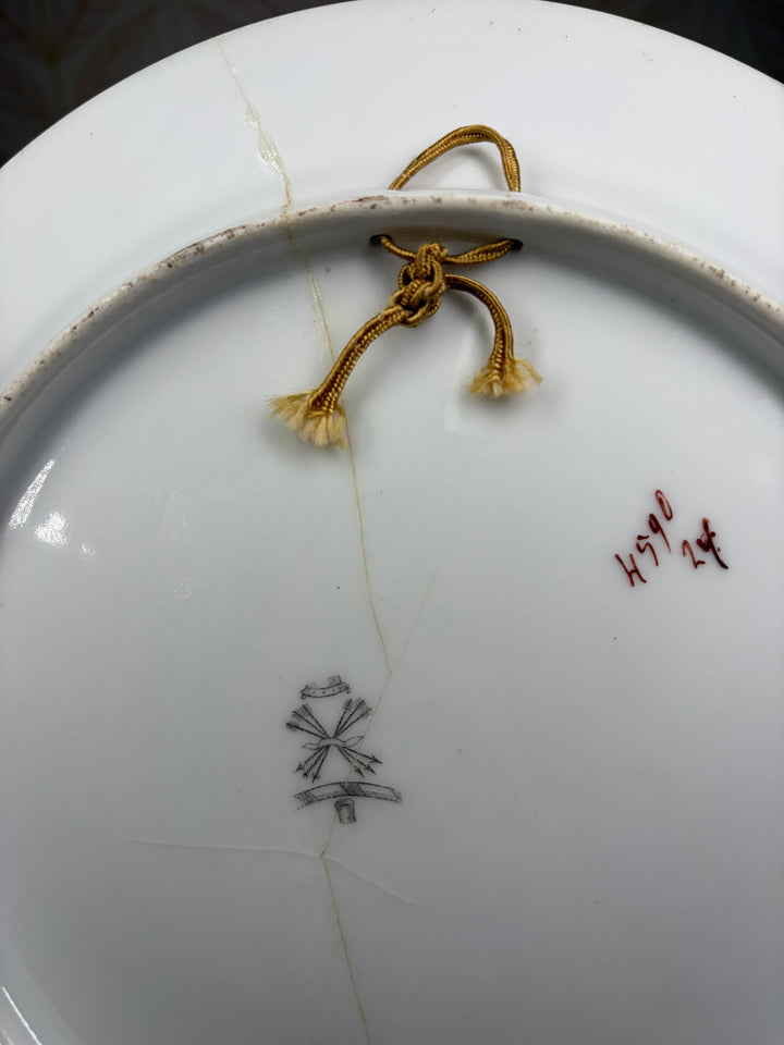 Floral Transferware Decorative Wall Plate with Hand-Painted Rose Center