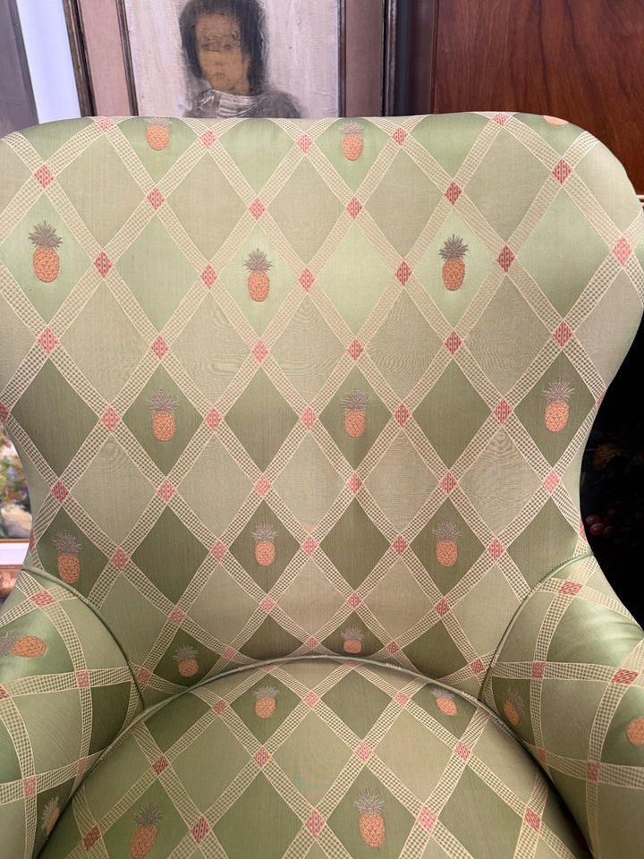 Pair of Green Upholstered Arm Chairs with Pineapple/Green Fabric