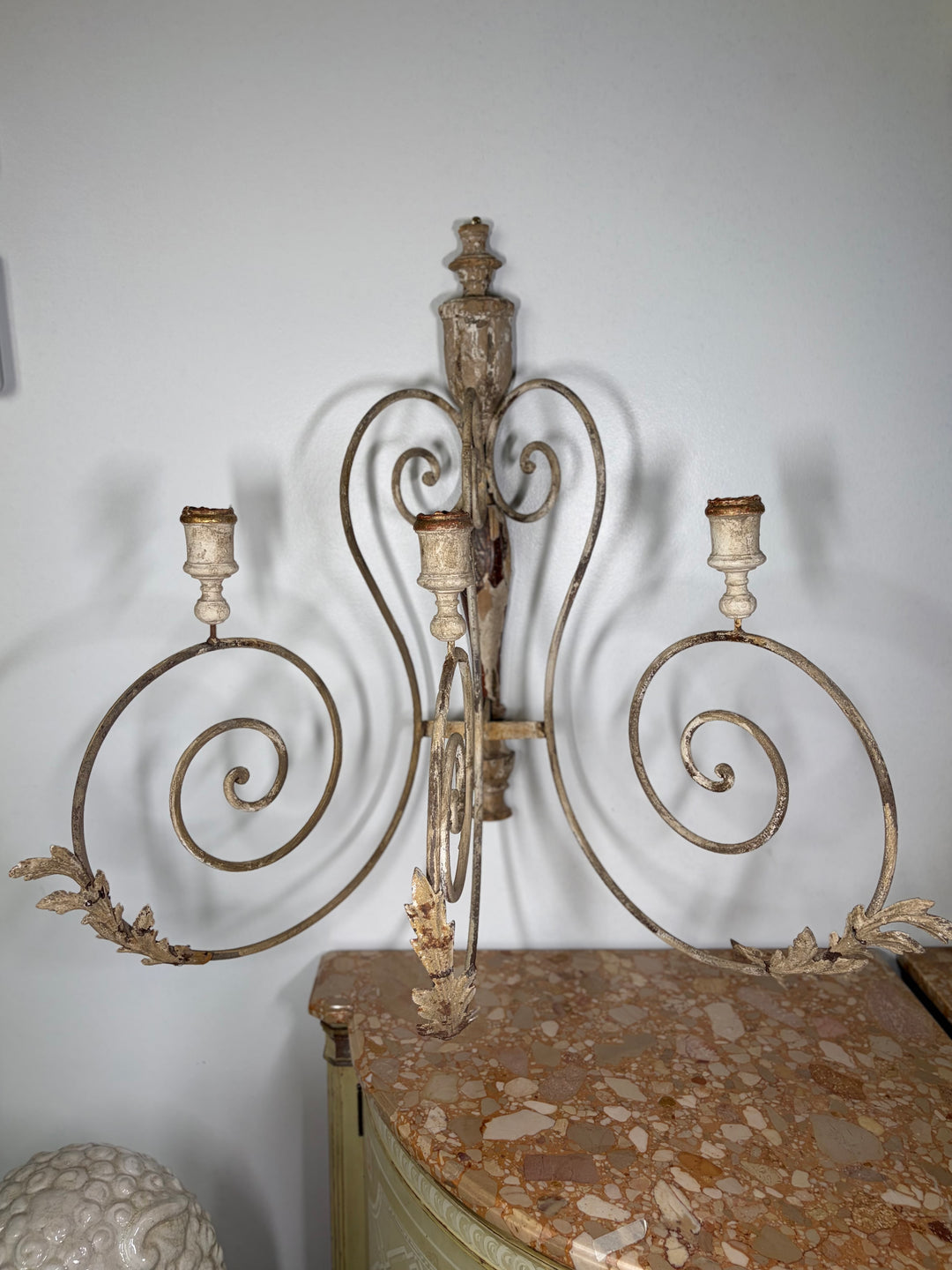 Pair of Painted Iron & Wood Three-Arm Wall Candle Sconces